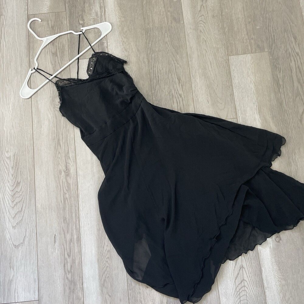 Vintage Silk Dress asymmetrical midi womens Black size 4 y2k feminine whimsygoth